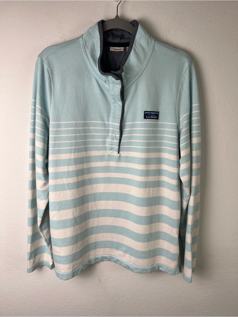 L.L. Bean Blue & White Striped 1/4 Button Cotton Pullover Sweatshirt